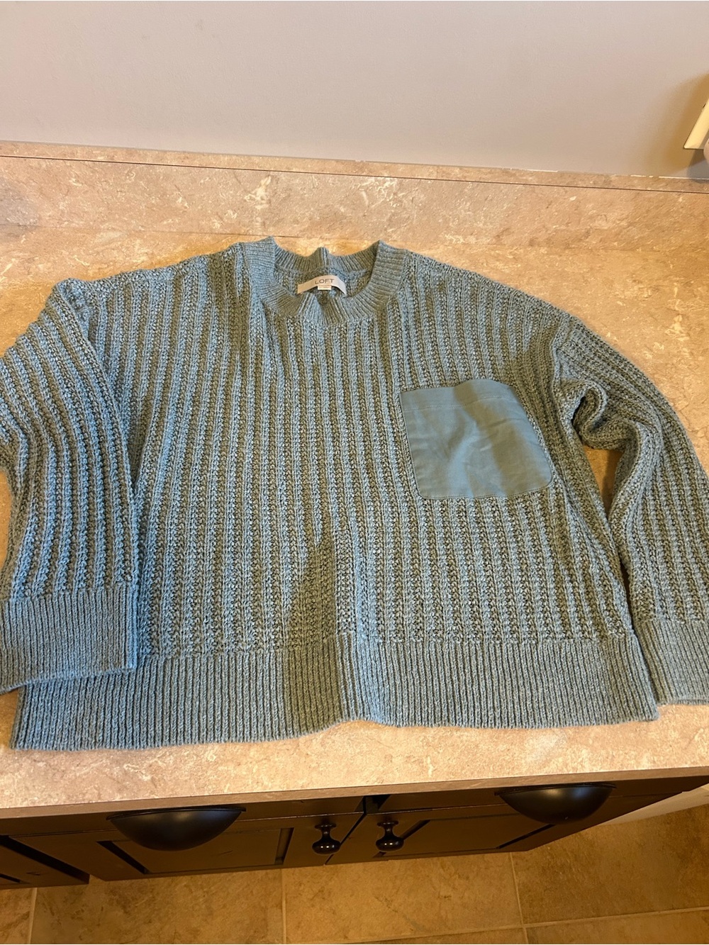 LOFT Women's Crewneck Sweater with Chest Pocket - Blue Green Large